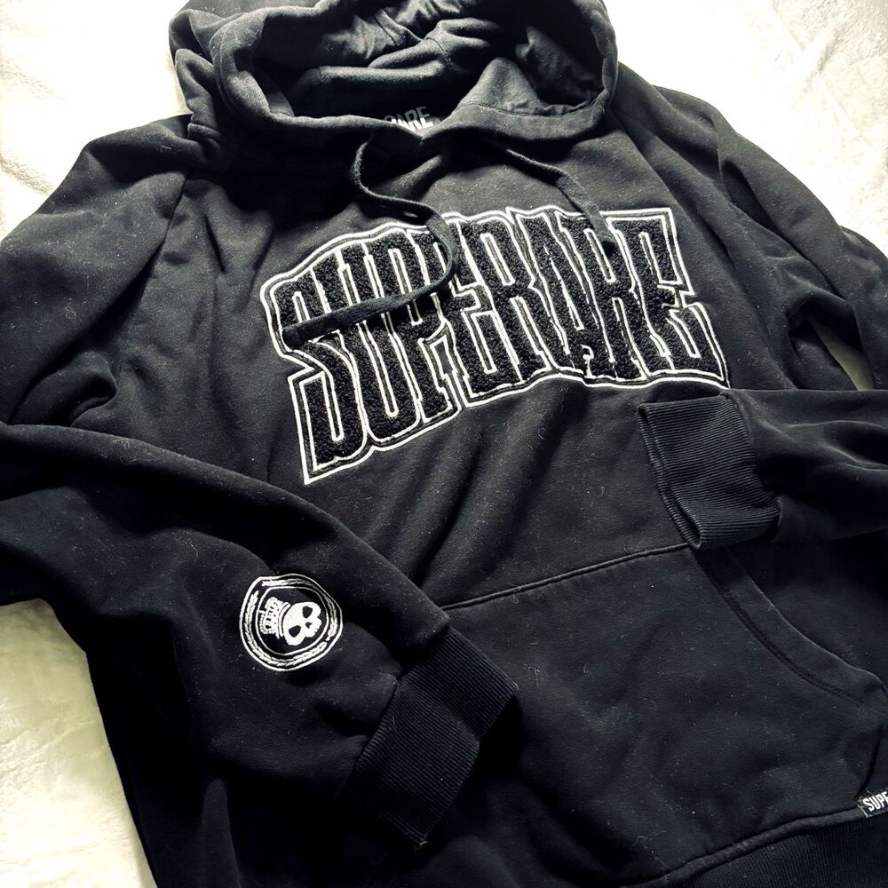 Superare Hoodie L Men’s Black EUC Chenille Logo Crowned Skull Number 11 Back